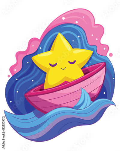 A cute, anthropomorphic star with a yellow face, wearing a sailor outfit, soundly asleep.  Illustrate a peaceful, dreamy scene.
