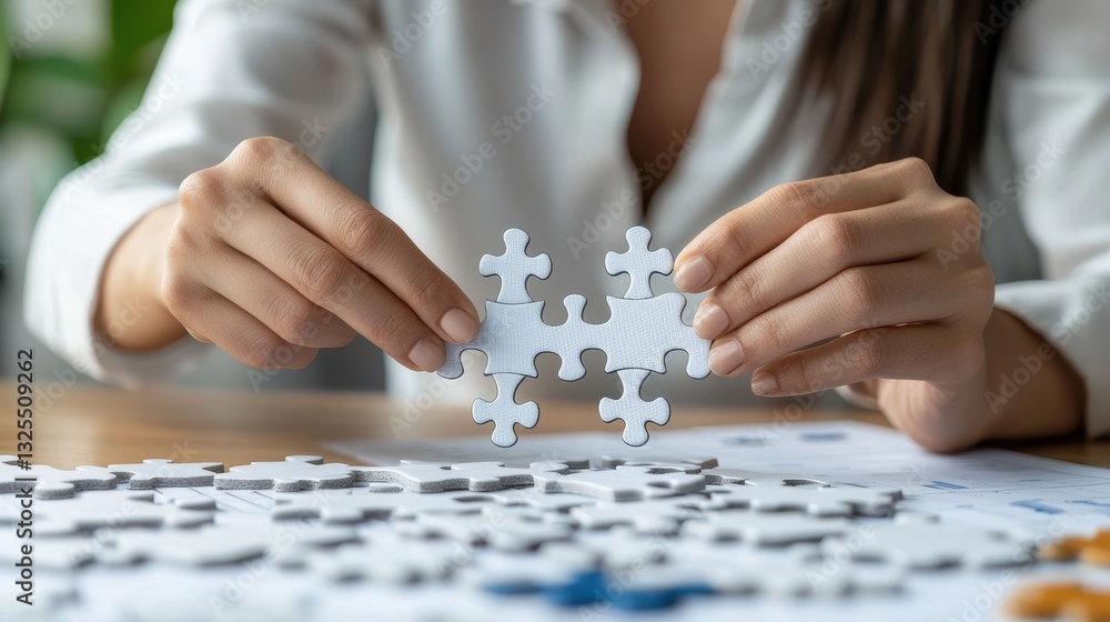 A person carefully holds a puzzle piece above a scattered assortment of pieces, focusing on completing a jigsaw puzzle on a wooden table. A person carefully holds a puzzle piece above a scattered assortment of pieces, focusing on completing a jigsaw puzzle on a wooden table.