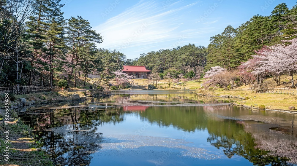 Fototapeta premium A tranquil landscape featuring a serene pond surrounded by lush greenery and trees, with a traditional structure in the background under a clear blue sky.