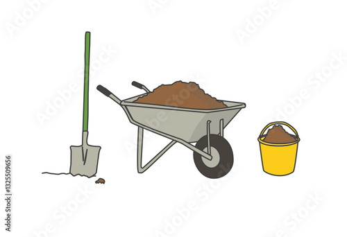 スコップ, 一輪車, バケツ, 土, 農業, 園芸, ガーデニング, 造園, 土木作業, 掘る, 掘削, 土いじり, 地面, 農具, 道具, 農作業, 植樹, 環境保護, 植物, 育成, 種まき, 庭仕事, 庭いじり, 畑, 家庭菜園, 土づくり, 肥料, 堆肥, SDGs, 環境活動, 田舎暮らし, 自然, 作業用具, 仕事道具, エコ, サステナブル, 手押し車, ホイール, 庭, ベクター,