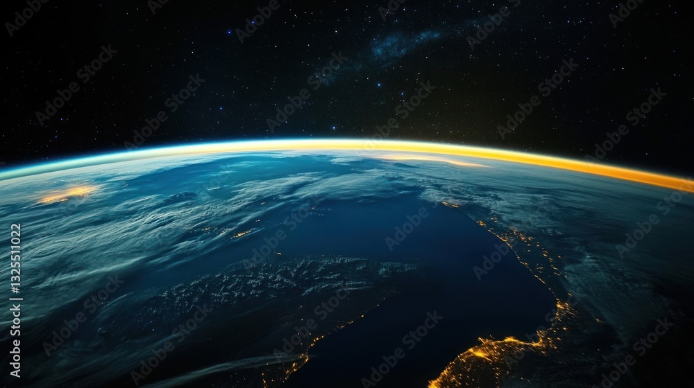 Obraz premium Earth from space at dawn, city lights, stars