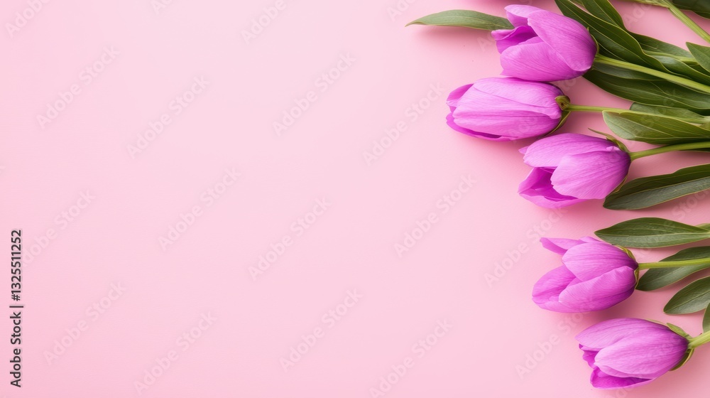 Obraz premium A soft pink background featuring a cluster of vibrant purple tulips with green leaves, creating a fresh and cheerful ambiance.
