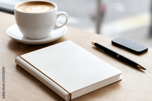 one notebook with a white sheet of paper on a wooden table,