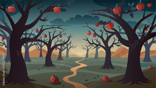 The silence in the orchard is haunting with only the occasional rustle of a dying leaf breaking the stillness.. Vector illustration