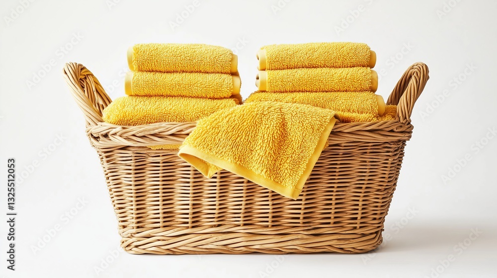 Yellow terry towels folded in a wicker basket, on a white background, isolated Yellow terry towels folded in a wicker basket, on a white background, isolated