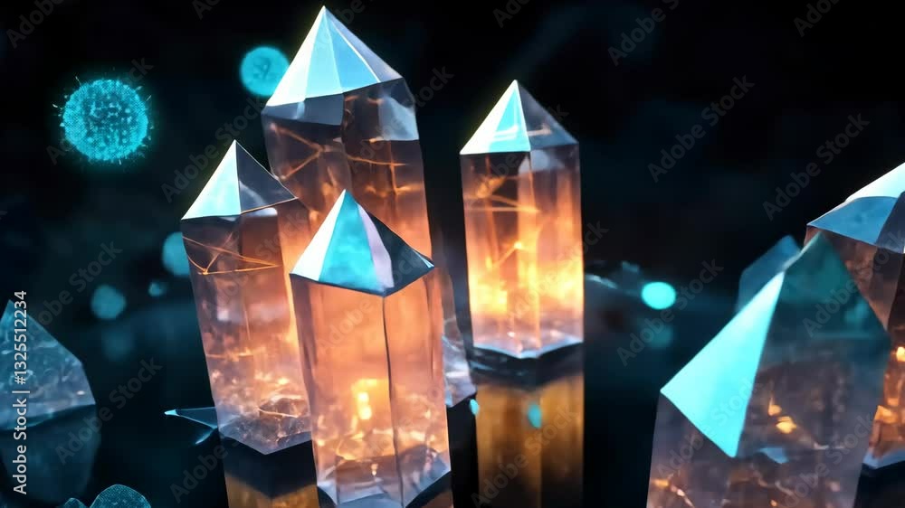 Magical transformation of glowing crystals in futuristic digital environment