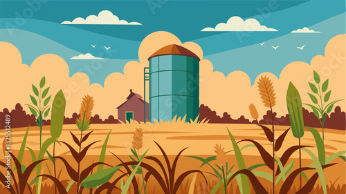 The sprawling fields around the silo were once filled with rows of vibrant crops but are now overgrown with wild grasses and weeds. The lack of activity and productivity is evident. Vector