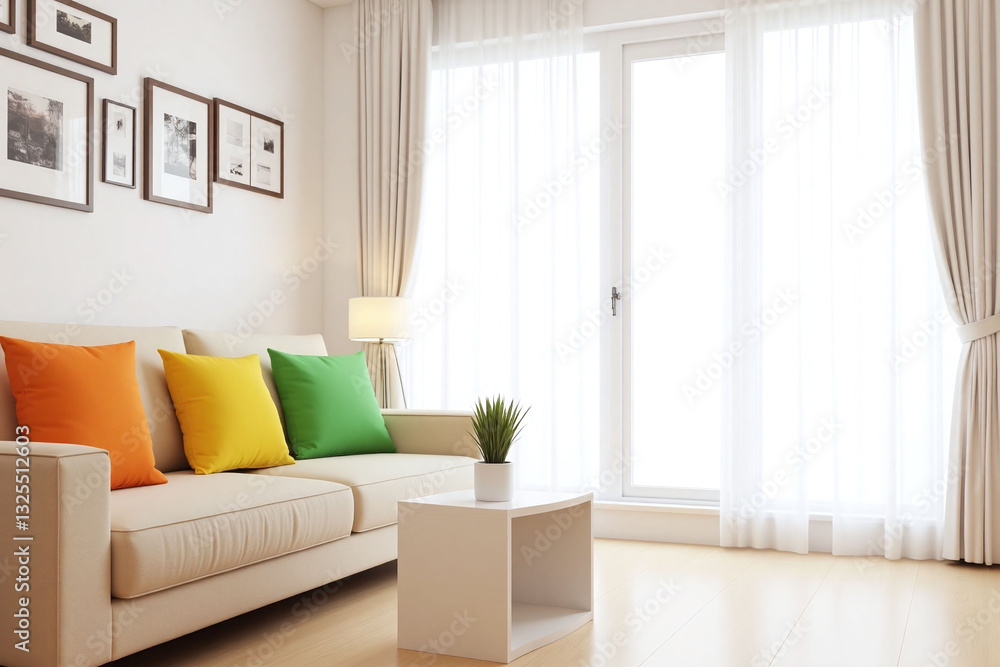 Fototapeta premium Modern living room large window beige sofa pictures plant