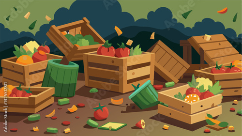The wooden crates that once held fresh produce now lie splintered and rotting surrounded by overturned baskets and broken jars remnants of the chaos that must have erupted during. Vector illustration