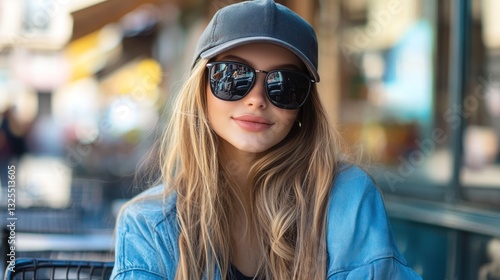 A woman, wearing dark sunglasses and a stylish baseball cap, is sitting at an outdoor cafe on a sunny day. The colorful street life and the bustling city atmosphere surround her.