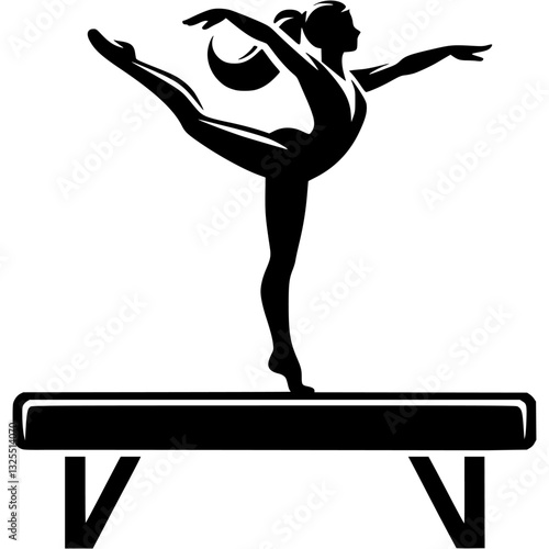 Sport emblem of girl gymnast gracefully stretches in split standing on one leg on balance beam in monochrome. Engraving minimalistic vector in black ink drawing on transparent background