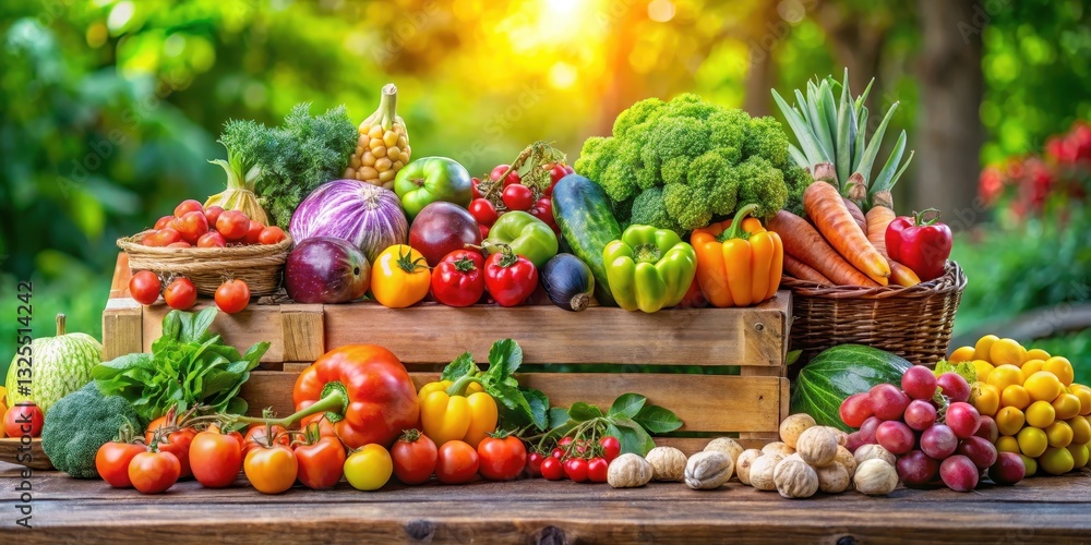 Vibrant array of colorful fruits and vegetables on a wooden farmer's market display, surrounded by lush greenery, fresh produce, farmers market Vibrant array of colorful fruits and vegetables on a wooden farmer's market display, surrounded by lush greenery, fresh produce, farmers market
