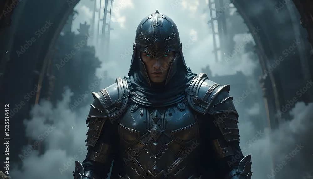 Fototapeta premium Mysterious Knight Standing Guard in Fantasy Ruins with Eerie Atmosphere