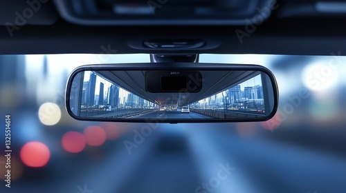 A car's rearview mirror reflecting a cityscape with blurred lights, capturing movement and urban life.