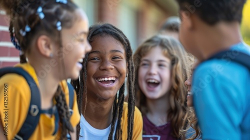 A group of students laughing and chatting during recess.