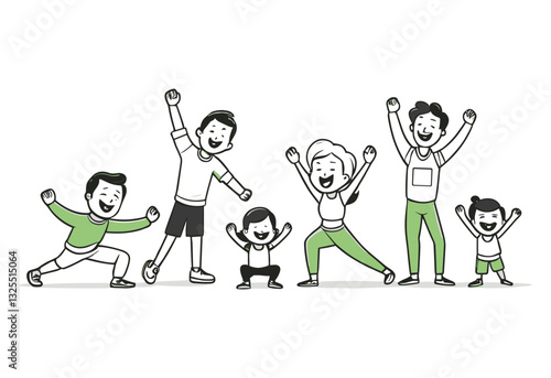 A group of people are exercising together, with one person doing a pushup. The group is smiling and he is enjoying themselves