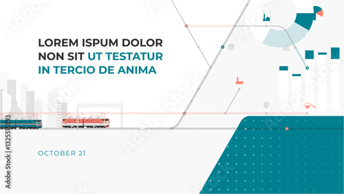 Cover template for a presentation, brochure or annual report on rail transportation between cities. All the elements are laid out in layers. All strokes are editable