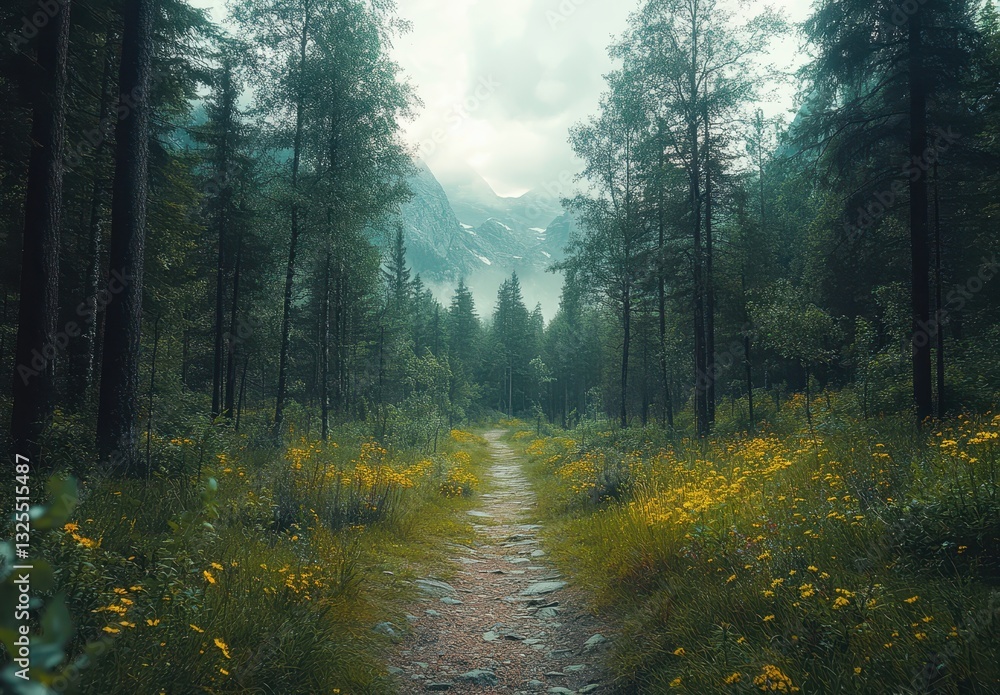 Obraz premium Serene Forest Pathway Surrounded by Lush Greenery and Wildflowers Under a Misty Mountain Sky in Tranquil Nature Landscape