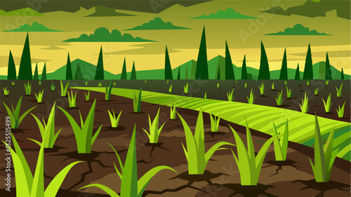 What was once a thriving field of lush green rice plants now lay desolate a haunting reminder of the destructive power of natures fury.. Vector illustration