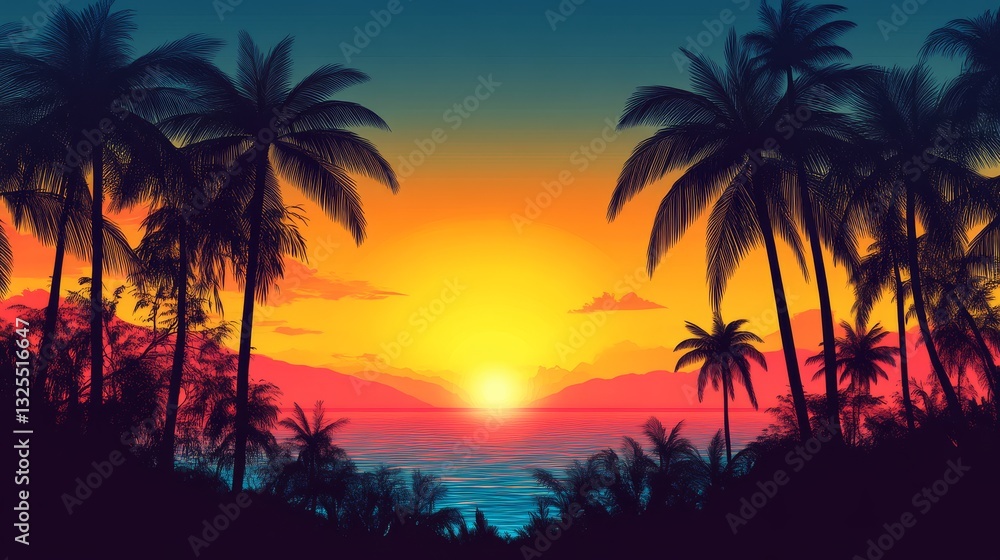 Serene tropical beach at sunset vibrant digital artwork of nature's beauty Serene tropical beach at sunset vibrant digital artwork of nature's beauty