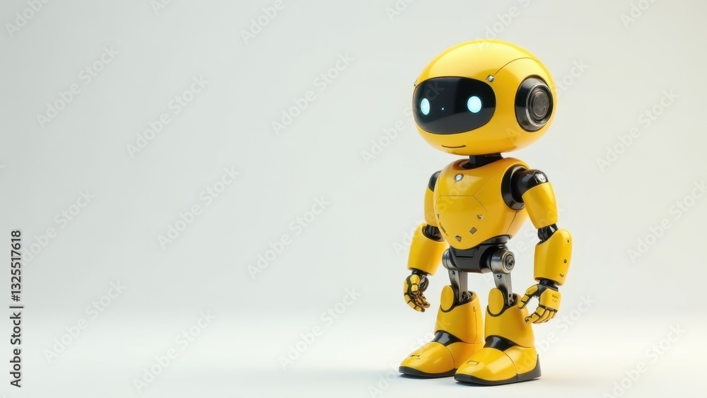 A small, friendly, yellow robot stands on a white background, ready to assist A small, friendly, yellow robot stands on a white background, ready to assist