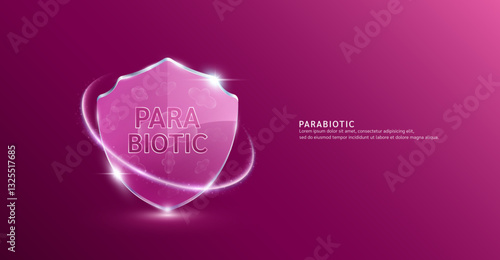 Parabiotic bacteria in translucent glass shield surrounded by glowing ring. Good dead bacterial flora for stomach intestine. Health care immunity. For design dietary supplement products ads. Vector.