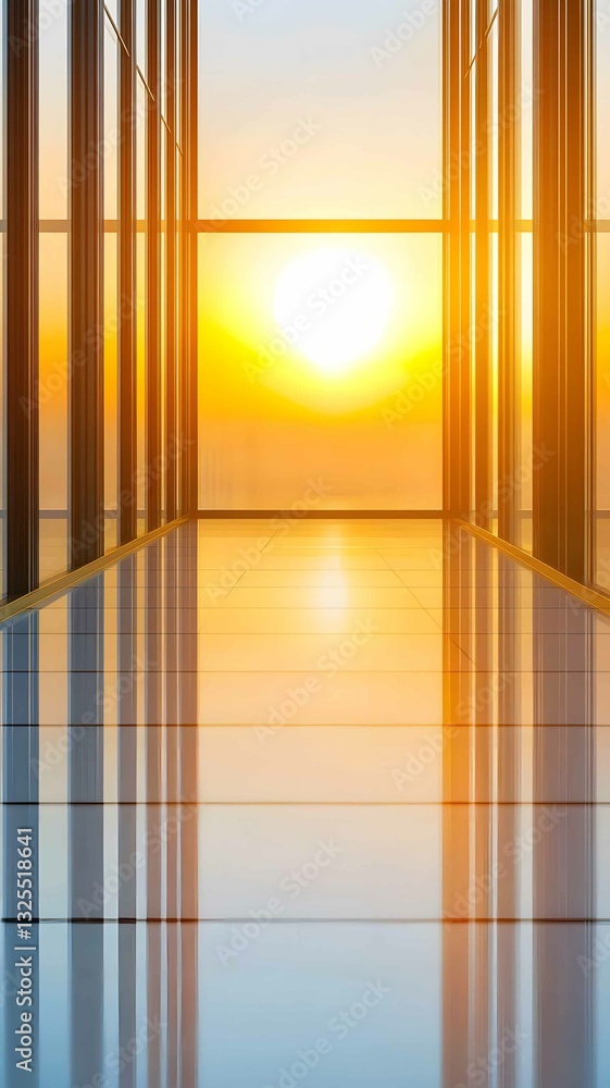 Golden sunset illuminates a sleek corridor in a modern building, creating a serene atmosphere at dusk Golden sunset illuminates a sleek corridor in a modern building, creating a serene atmosphere at dusk
