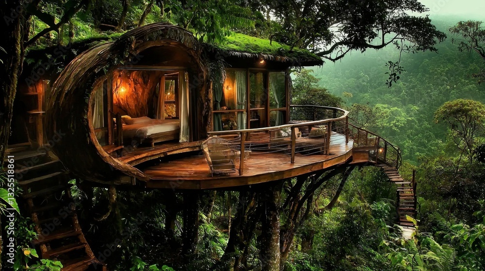 Obraz premium A whimsical treehouse hotel nestled in lush Costa Rican scenery. 