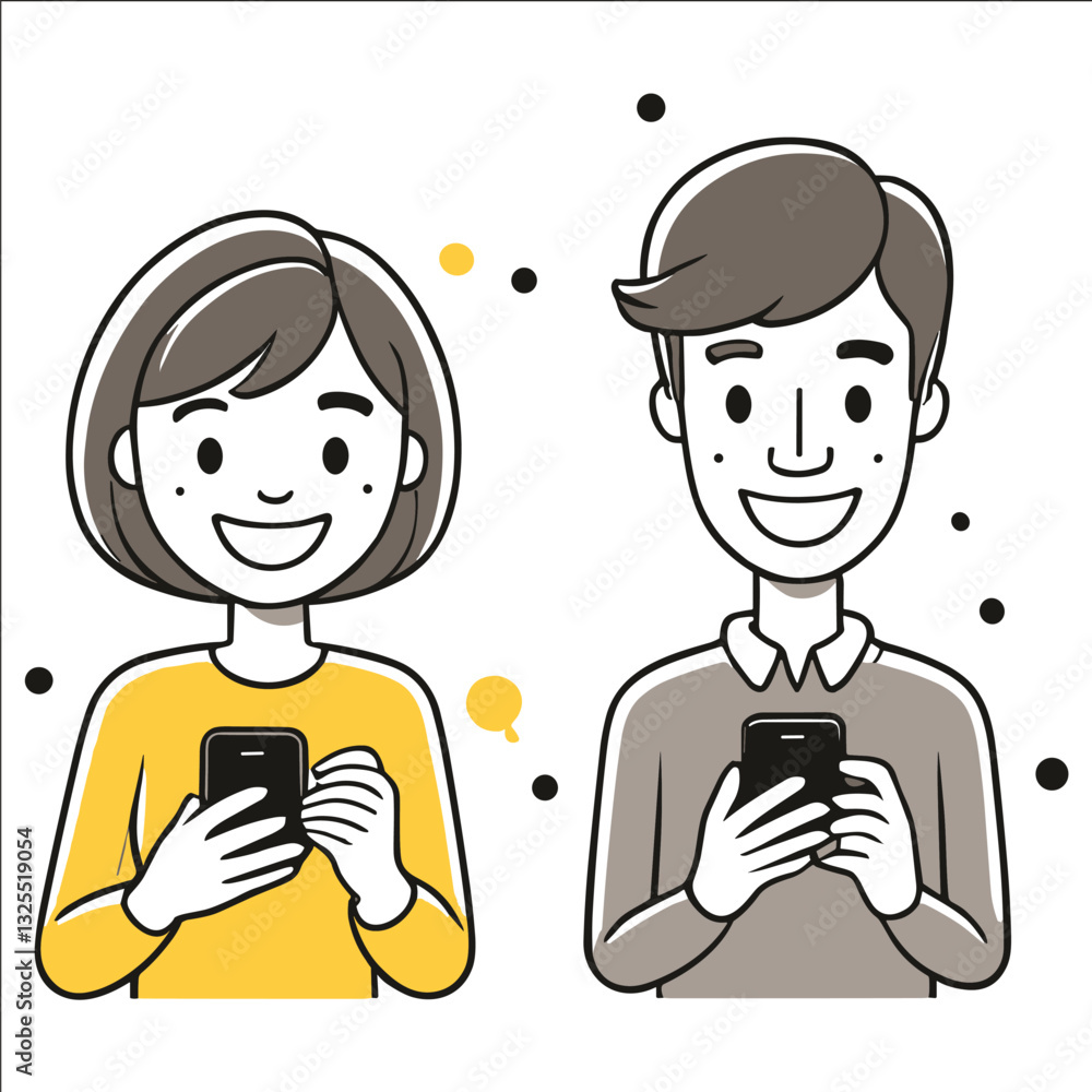 Two people are smiling and holding cell phones. The man is on the right and the woman is on the left Two people are smiling and holding cell phones. The man is on the right and the woman is on the left