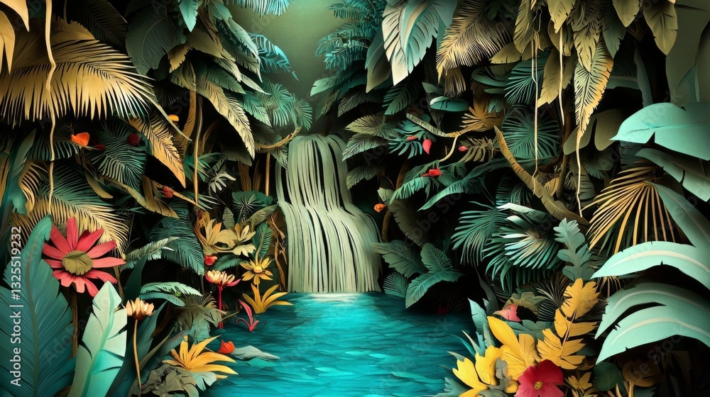Obraz premium A detailed papercut creation showcasing a vibrant waterfall nestled in a tropical oasis.