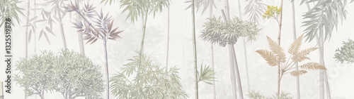 Wallpaper textile pattern with natural leaves and trees background mountain and sky sunset.