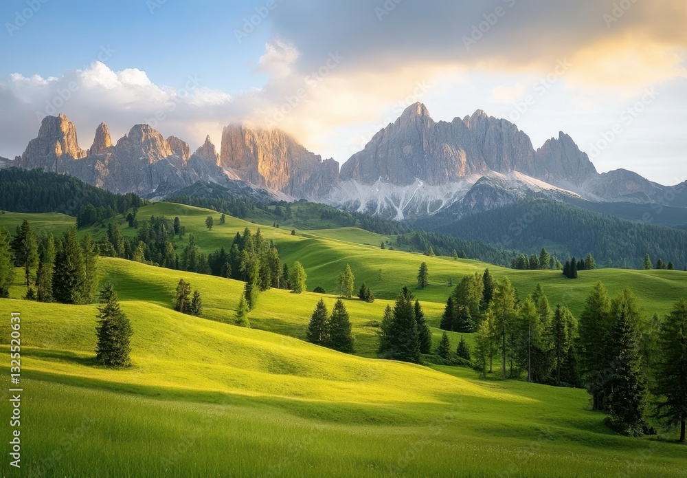 Obraz premium Serene Landscape with Majestic Mountains, Lush Green Hills, and Clear Blue Sky During Golden Hour in the Dolomites, Italy