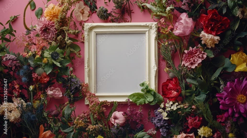 Naklejka premium image of fresh flowers of various colors and green leaves placed around empty white photo frame against pink background - ai