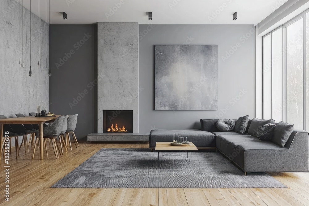 Fototapeta premium Modern living room interior with wooden floor and cabinet, dining table and sofa near a fireplace in a minimalist home design