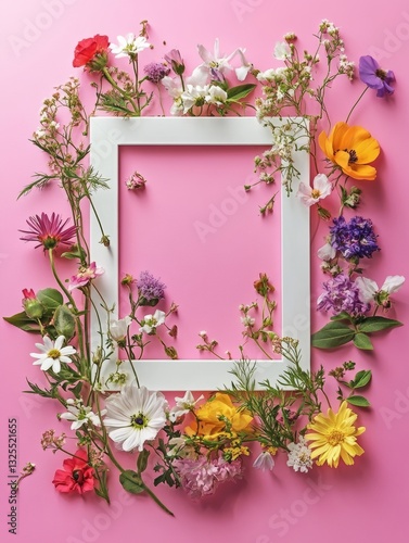 image of fresh flowers of various colors and green leaves placed around empty white photo frame against pink background  - ai