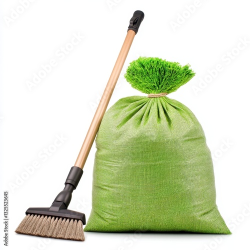 Green Trash Bag and Broom on White Background, Generative AI.