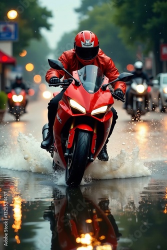 A rider on a red motorcycle splashes through puddles on a rainy city street.