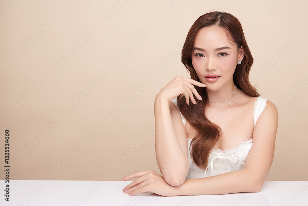 A beautiful young Asian woman with clean, fresh skin against a beige background. She represents beauty, skincare, and spa treatments. A beautiful young Asian woman with clean, fresh skin against a beige background. She represents beauty, skincare, and spa treatments.