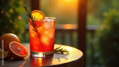 Refreshing Citrus Beverage with Ice and Rosemary Garnish on Wooden Table at Sunset