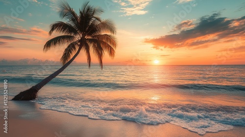 Palm tree on beach at sunset, vibrant colors. Perfect for travel, vacation, and tropical themes, evokes serenity.