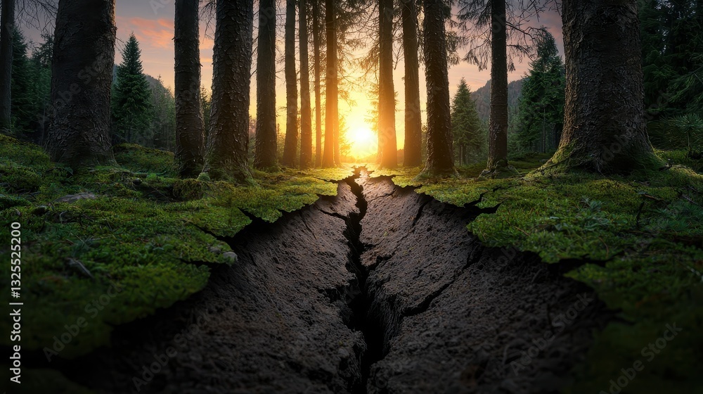 Fototapeta premium Earthquake and tremor concept. A serene forest scene with a crack in the ground illuminated by a warm sunrise.