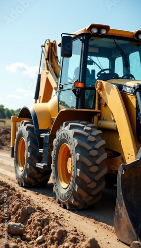 Close-up of a yellow backhoe loader on a construction site under clear blue skies.