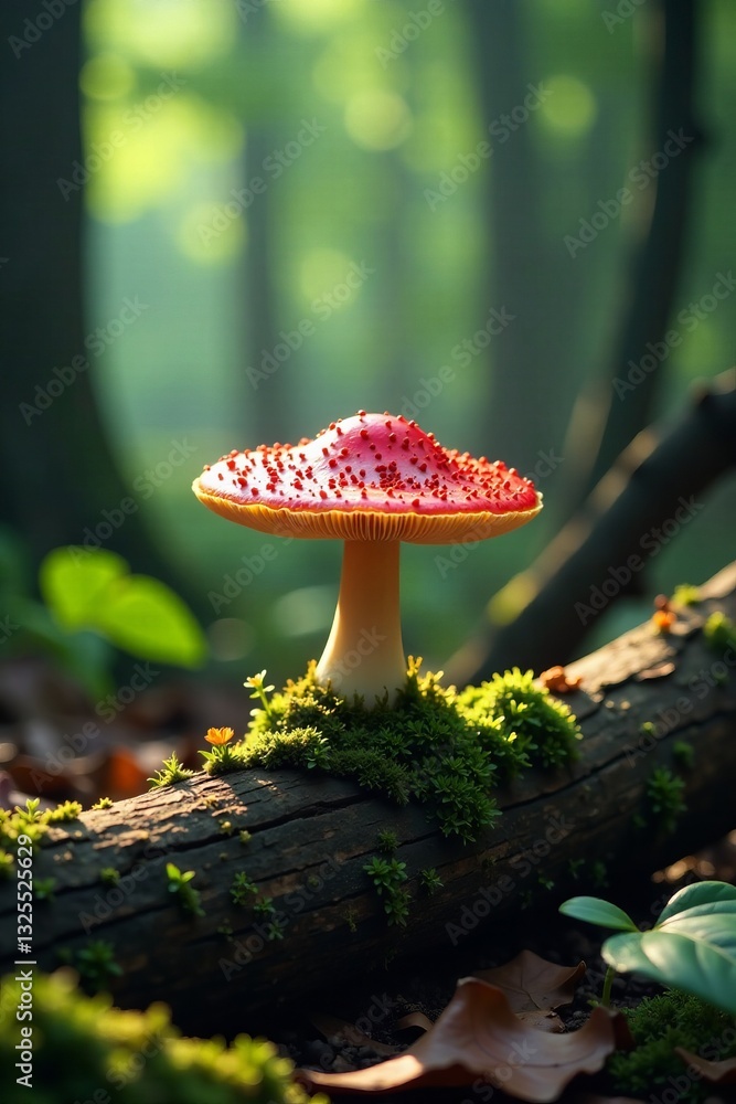 Fototapeta premium Colorful mushroom growing on mossy log in serene forest setting, showcasing nature's beauty.