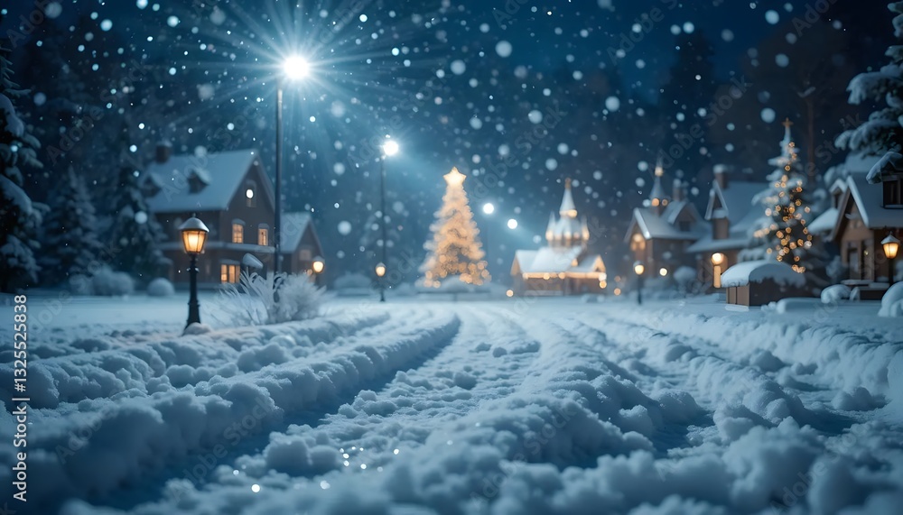 Snowy Winter Village Scene with Christmas Trees and Street Lights Snowy Winter Village Scene with Christmas Trees and Street Lights