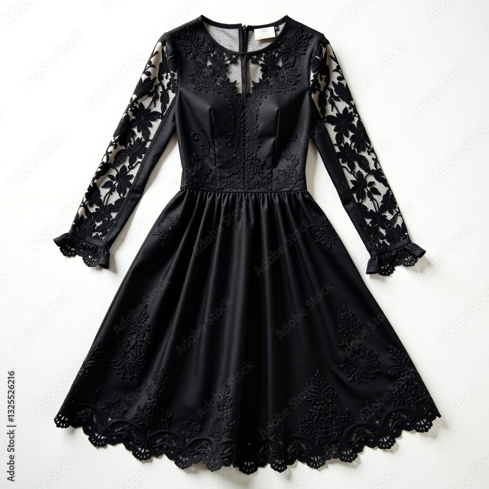 Elegant black dress with lace details, perfect for parties and special occasions. Elegant black dress with lace details, perfect for parties and special occasions.
