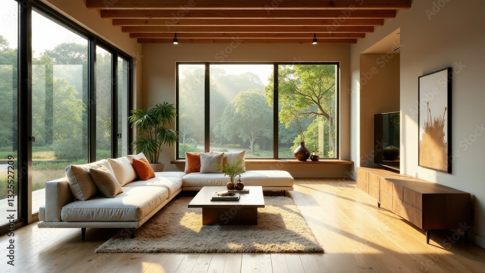 Fototapeta premium Modern Sectional Sofa in Sunlit Living Room with Expansive Windows and Wooden Accents