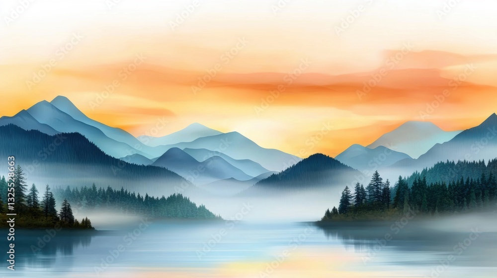 Serene mountain landscape at sunrise with misty reflections. Serene mountain landscape at sunrise with misty reflections.
