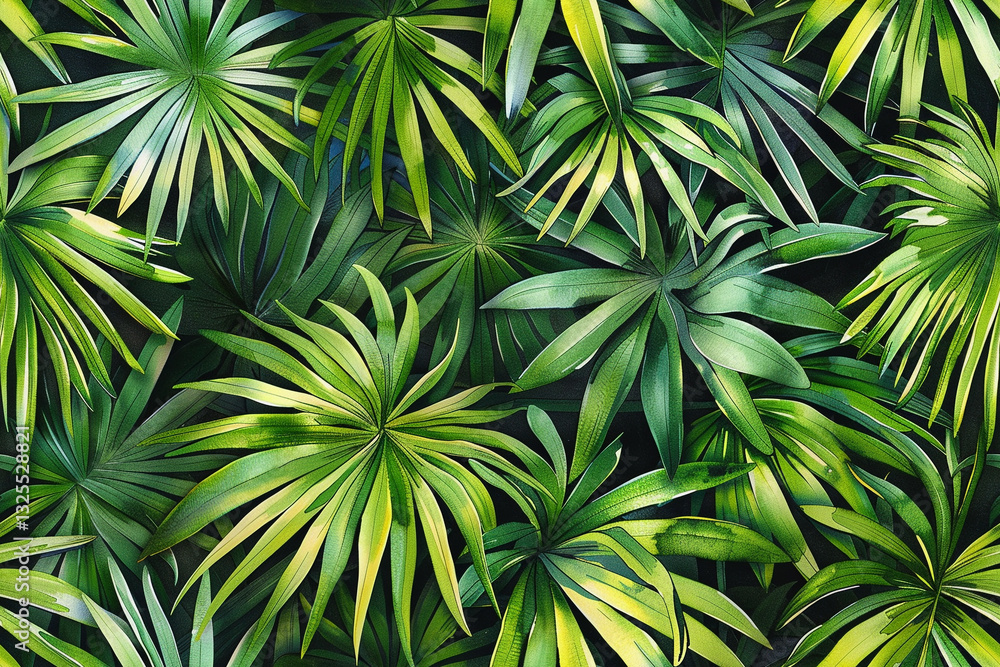 Lush green palm leaves create a vibrant tropical backdrop with varied textures and shades at midday Lush green palm leaves create a vibrant tropical backdrop with varied textures and shades at midday
