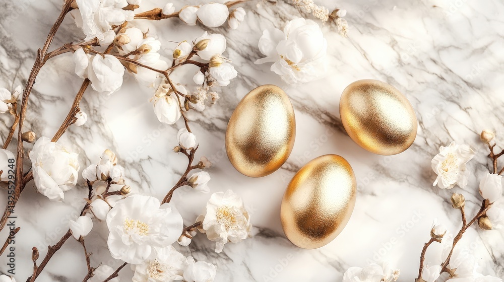 Golden eggs lie gracefully on a marble surface, accompanied by white blossoms, creating a serene and festive atmosphere for Easter celebrations Golden eggs lie gracefully on a marble surface, accompanied by white blossoms, creating a serene and festive atmosphere for Easter celebrations
