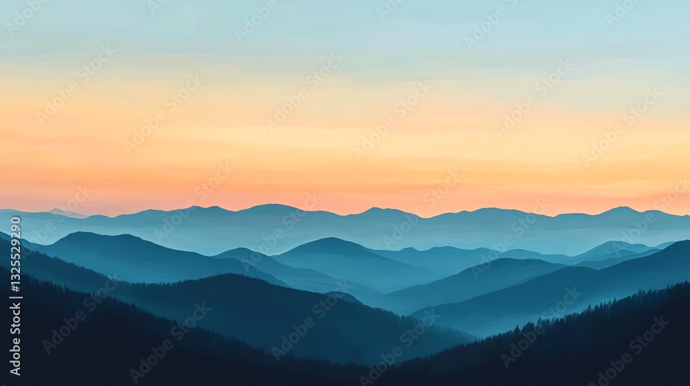 Scenic Mountain Range Landscape at Sunset with Blue Layered Peaks Scenic Mountain Range Landscape at Sunset with Blue Layered Peaks